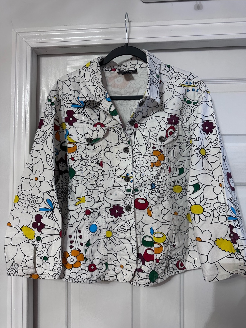 90s Vintage Floral Print White Jean Jacket with Multicolor Accents